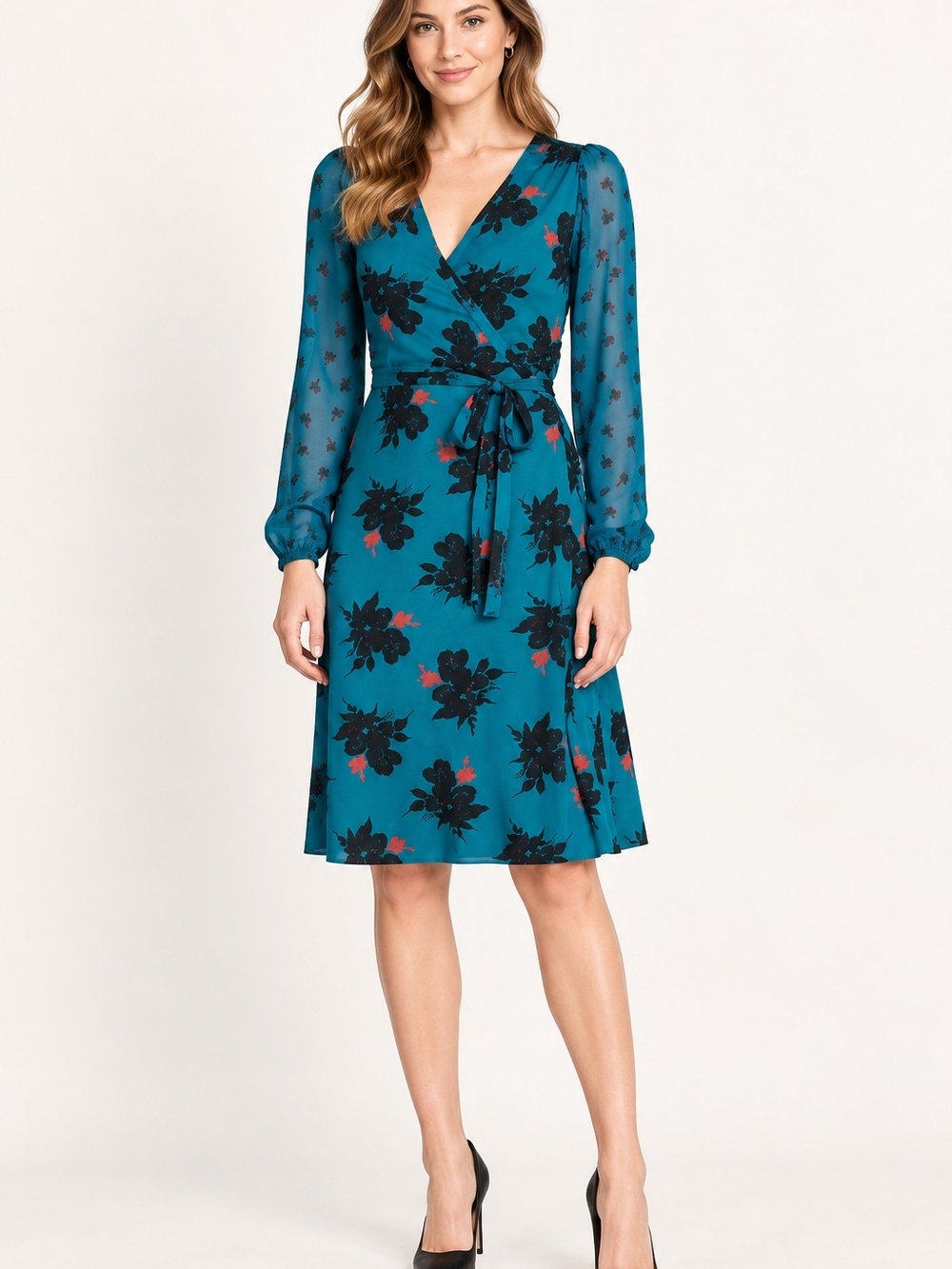 Boden Leda Romantic Floral Sheer Sleeve Wrap Midi Dress Sz 10R